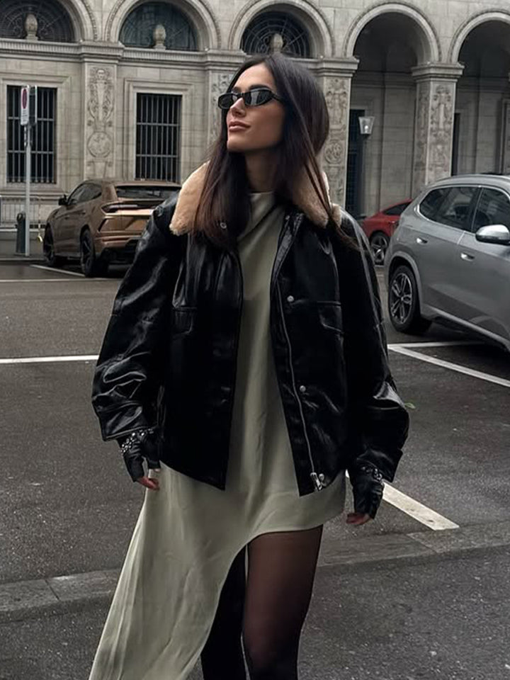 Damen Glänzende Oversize Lederimitat-Bomberjacke mit voluminösem Kunstfellkragen Drune