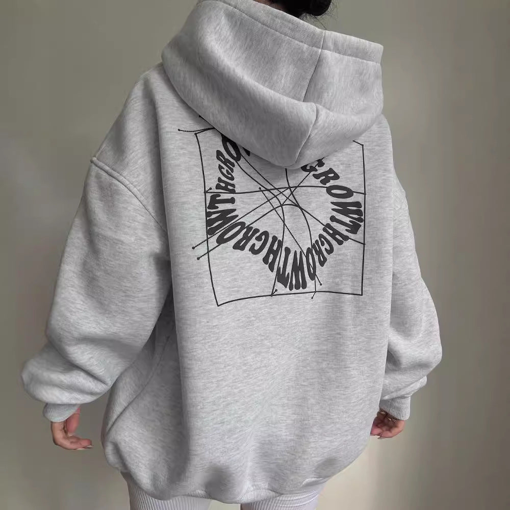 Damen Oversize Kapuzenpullover mit Grafikprint auf dem Rücken Drune