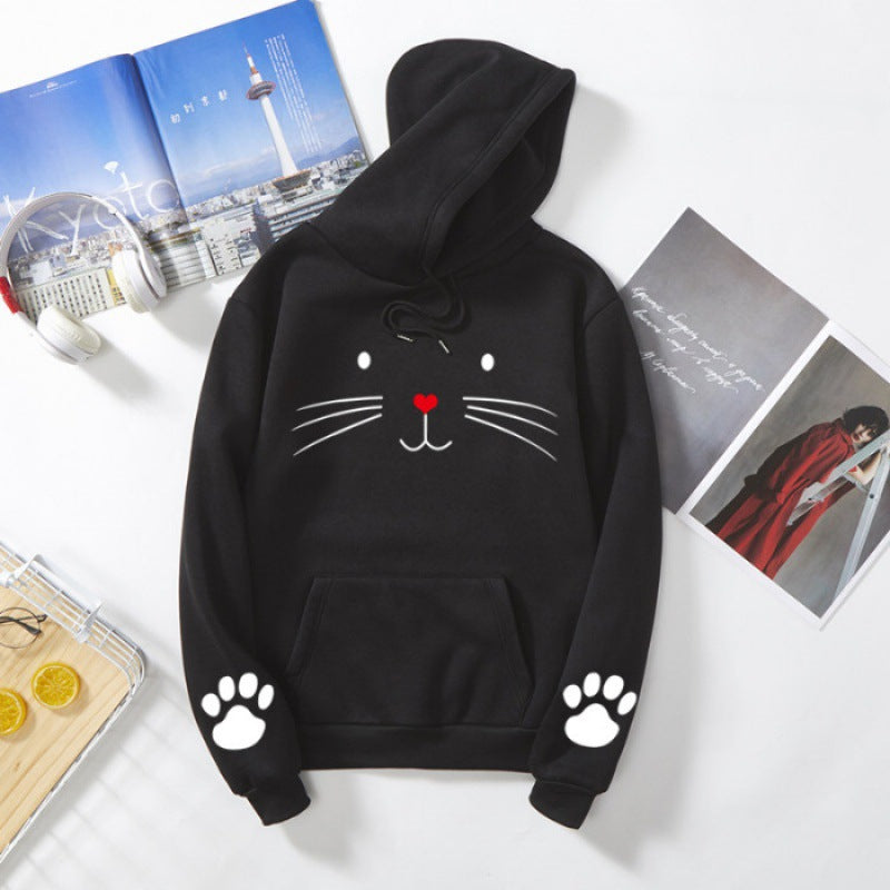 Damen nan Kapuzenpullover mit gedrucktem Katzenmotiv, Kängurutasche und Pfotenapplikationen Drune
