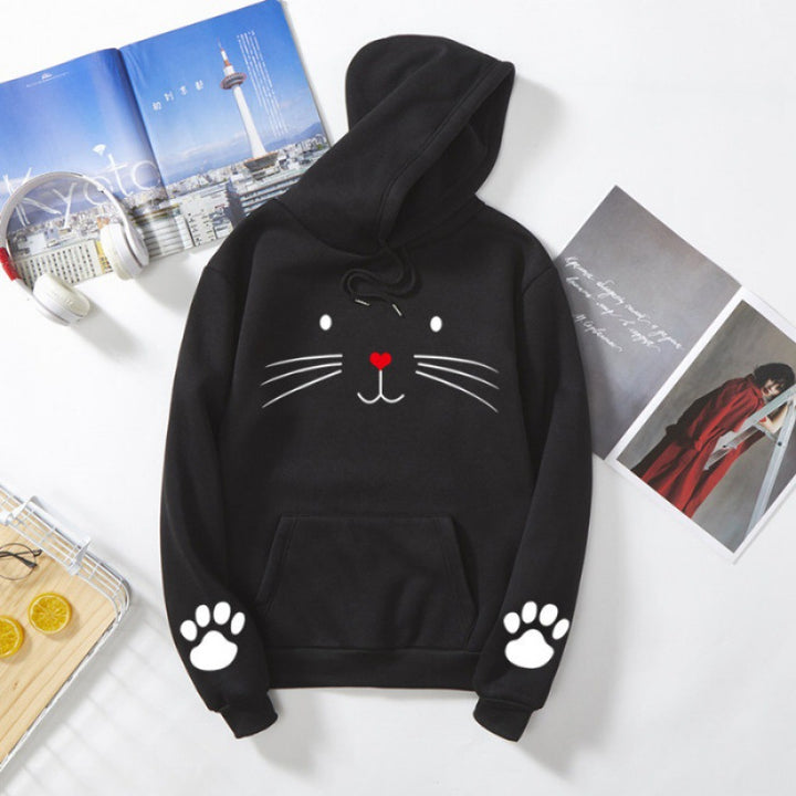 Damen nan Kapuzenpullover mit gedrucktem Katzenmotiv, Kängurutasche und Pfotenapplikationen Drune