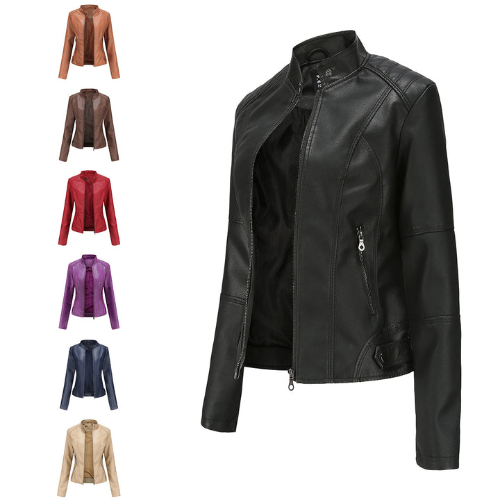 Damen nan taillierte Kunstleder Bikerjacke mit Stehkragen Drune