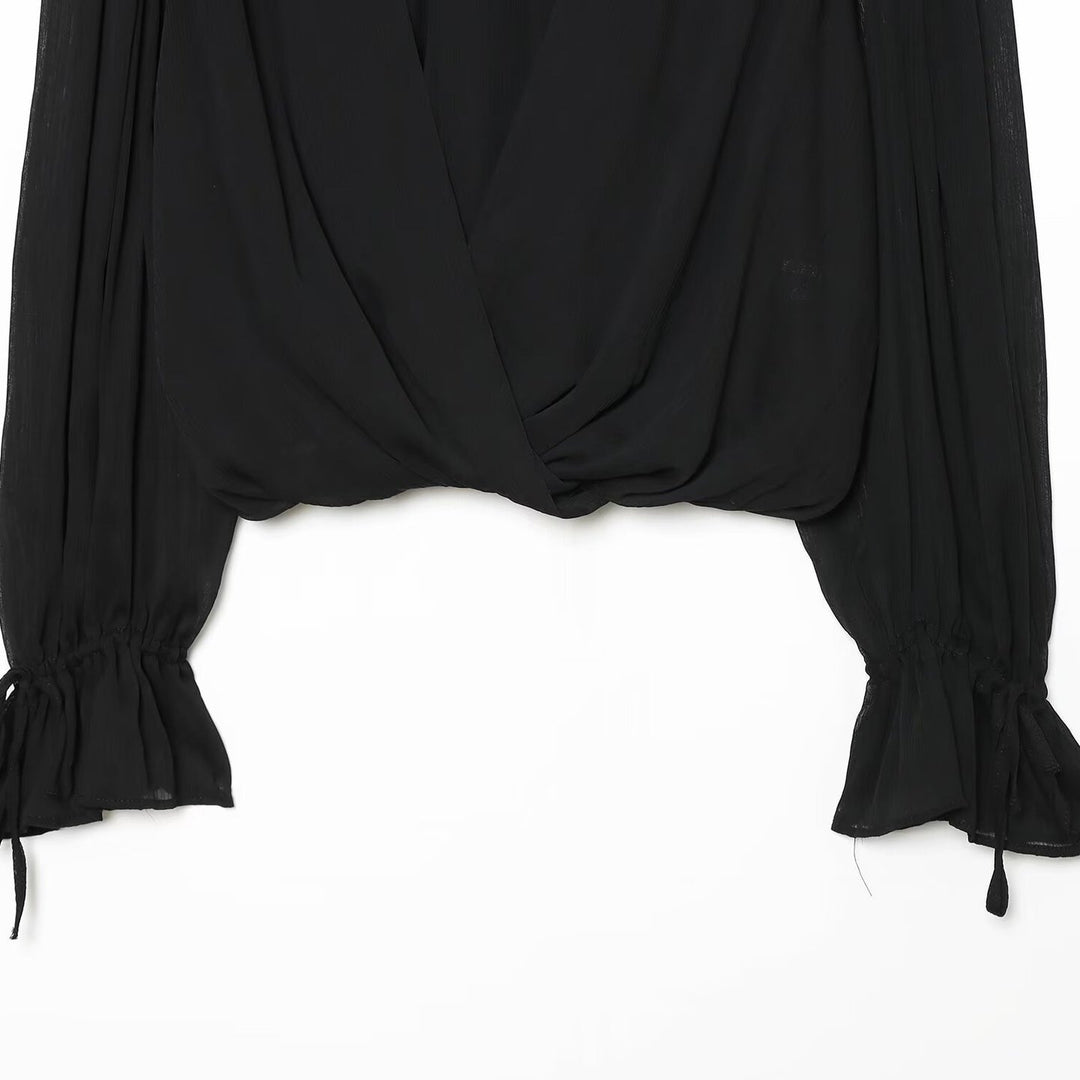 Damen Chiffon-Bluse mit Schluppe, Stehkragen und gerafften Ballonärmeln Drune