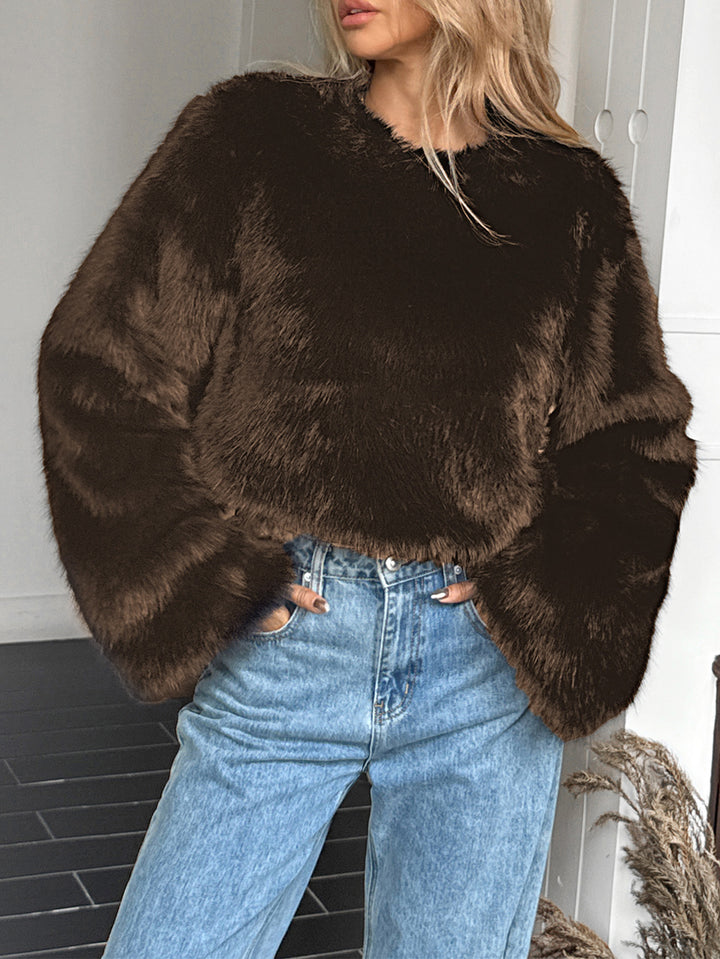 Damen nan kuscheliger Cropped-Faux-Fur-Pullover mit ausgestellten Ärmeln Drune