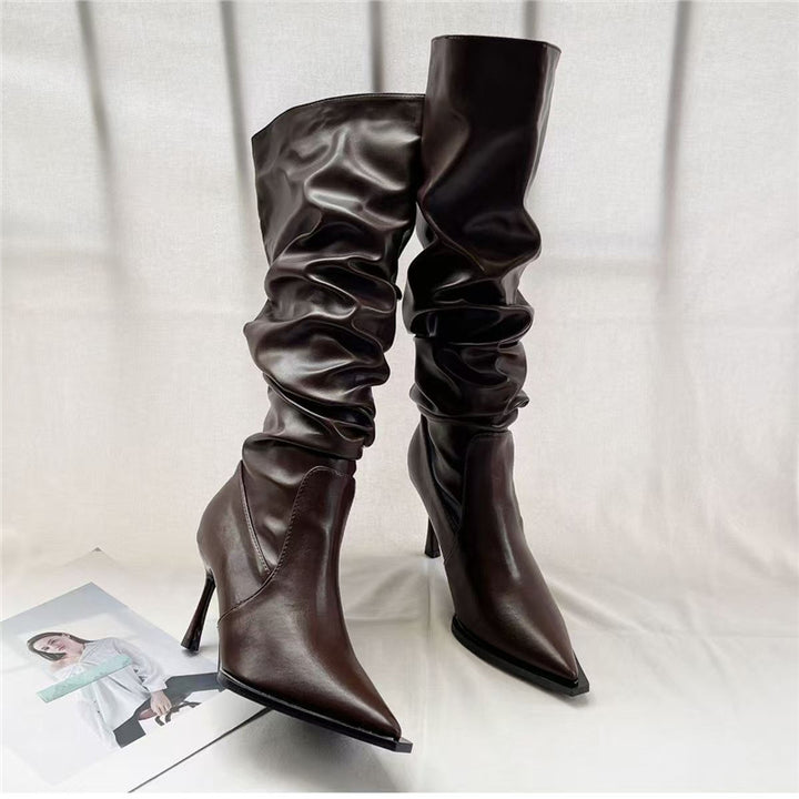 Damen Slouchy kniehohe Stiefel mit spitzer Zehenform und skulpturellem Stiletto-Absatz Drune