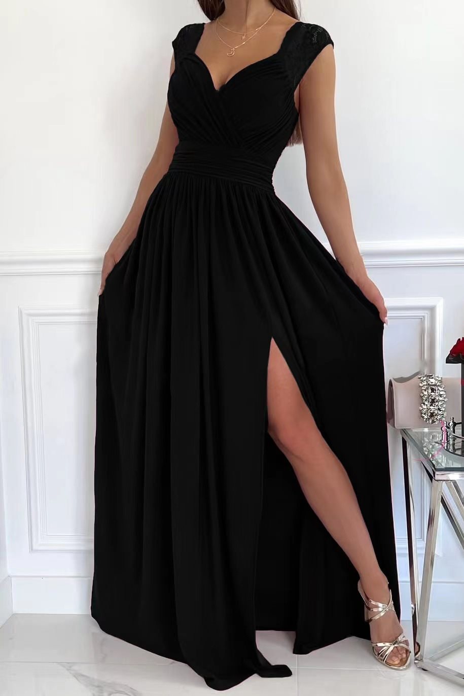 Damen elegantes Maxikleid mit Spitzenärmeln und seitlichem Schlitz Drune