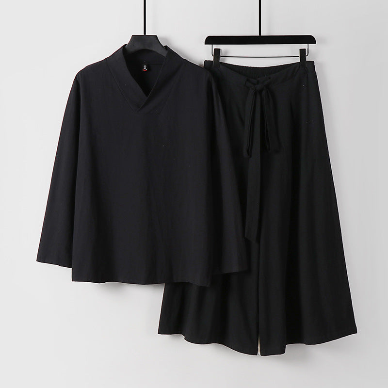 Damen Leichtes Leinen-Baumwoll Loungewear-Set mit V-Ausschnitt, weitem Midirock und Bindegürtel Drune