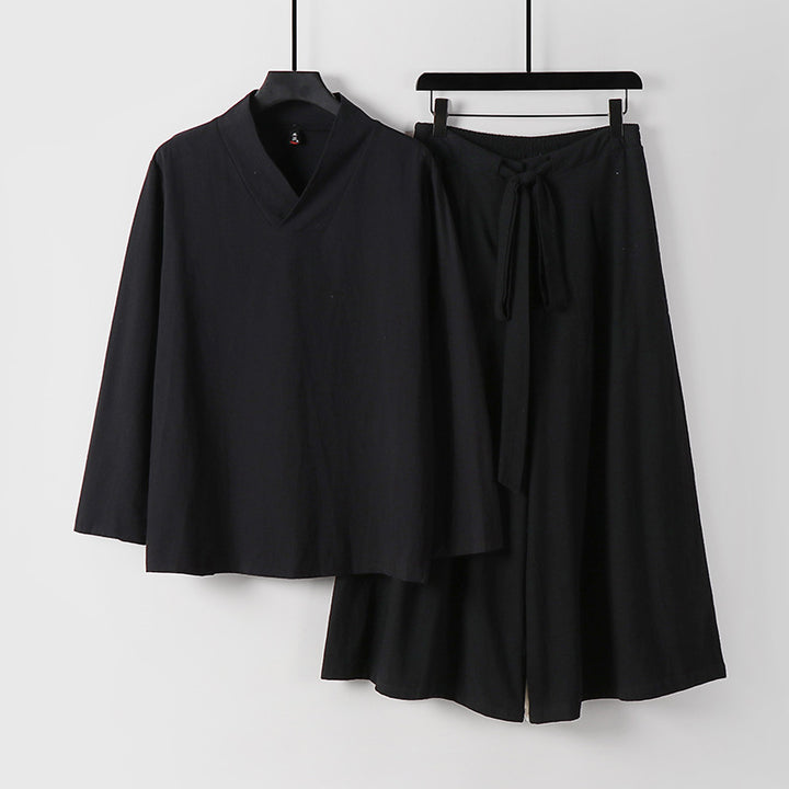 Damen Leichtes Leinen-Baumwoll Loungewear-Set mit V-Ausschnitt, weitem Midirock und Bindegürtel Drune