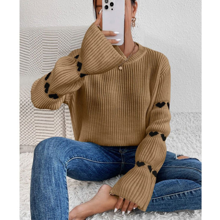 Damen Strickpullover mit Herz-Applikationen und weitem Ärmel Drune