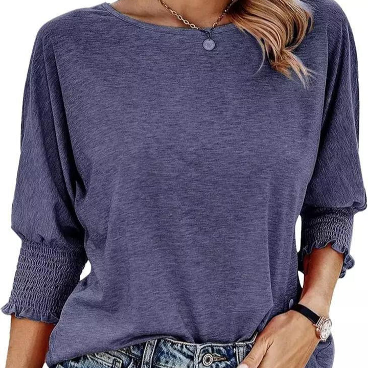 Damen lässiges T-Shirt mit voluminösen Puffärmeln und elastischem Bund Drune