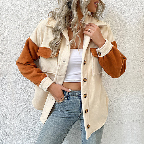 Damen weite Hemdjacke aus Teddyfleece mit Kontrastärmeln und aufgesetzten Taschen Drune