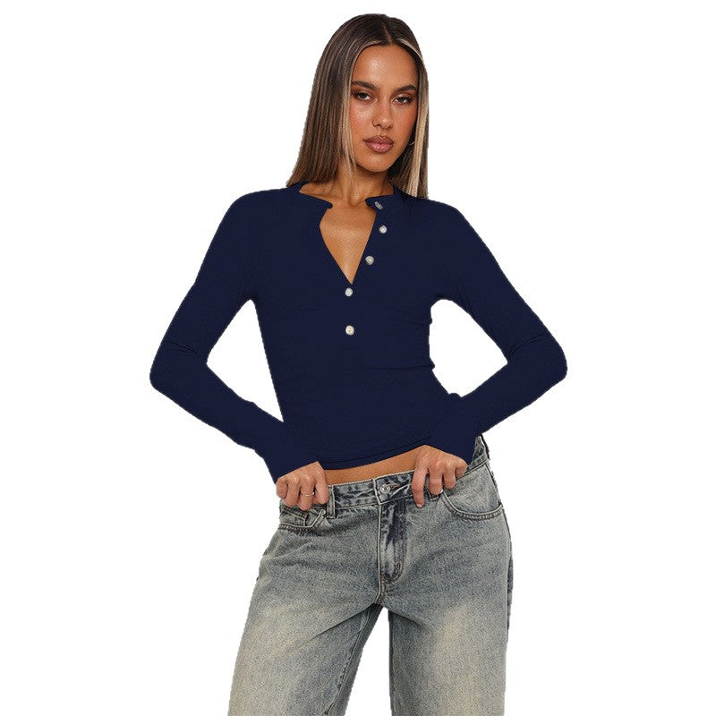 Damen Figurbetontes geripptes Henley-Longsleeve mit Knopfleiste Drune