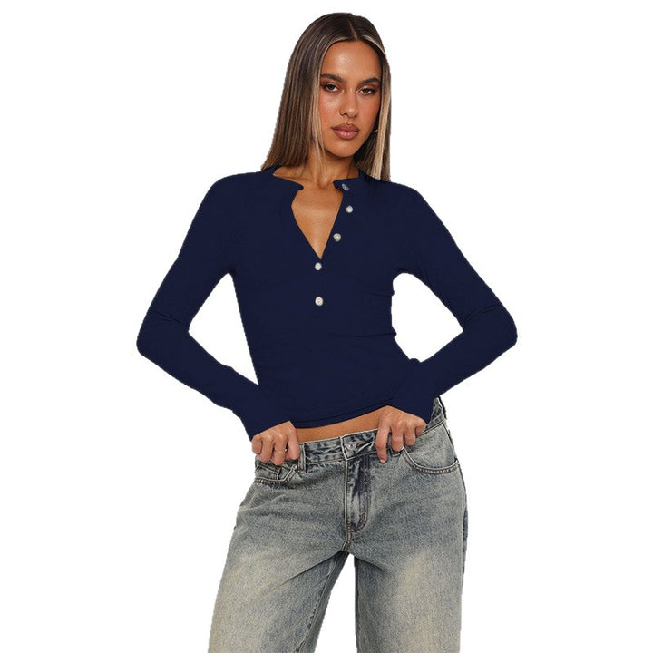 Damen Figurbetontes geripptes Henley-Longsleeve mit Knopfleiste Drune