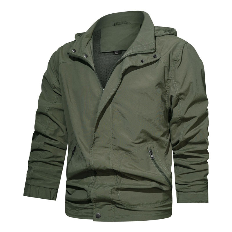 Herren Leichte Fieldjacke mit Kapuze, windabweisender Shell und Reißverschlusstaschen Drune