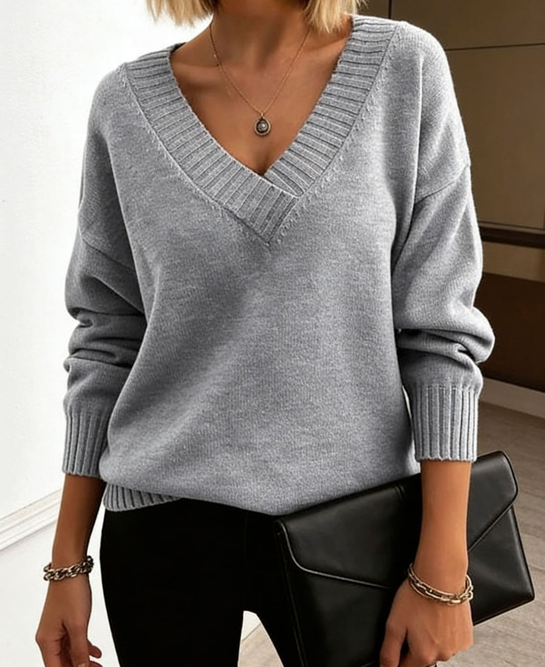 Damen Feinstrickpullover mit tiefem V-Ausschnitt und überschnittener Schulter Drune