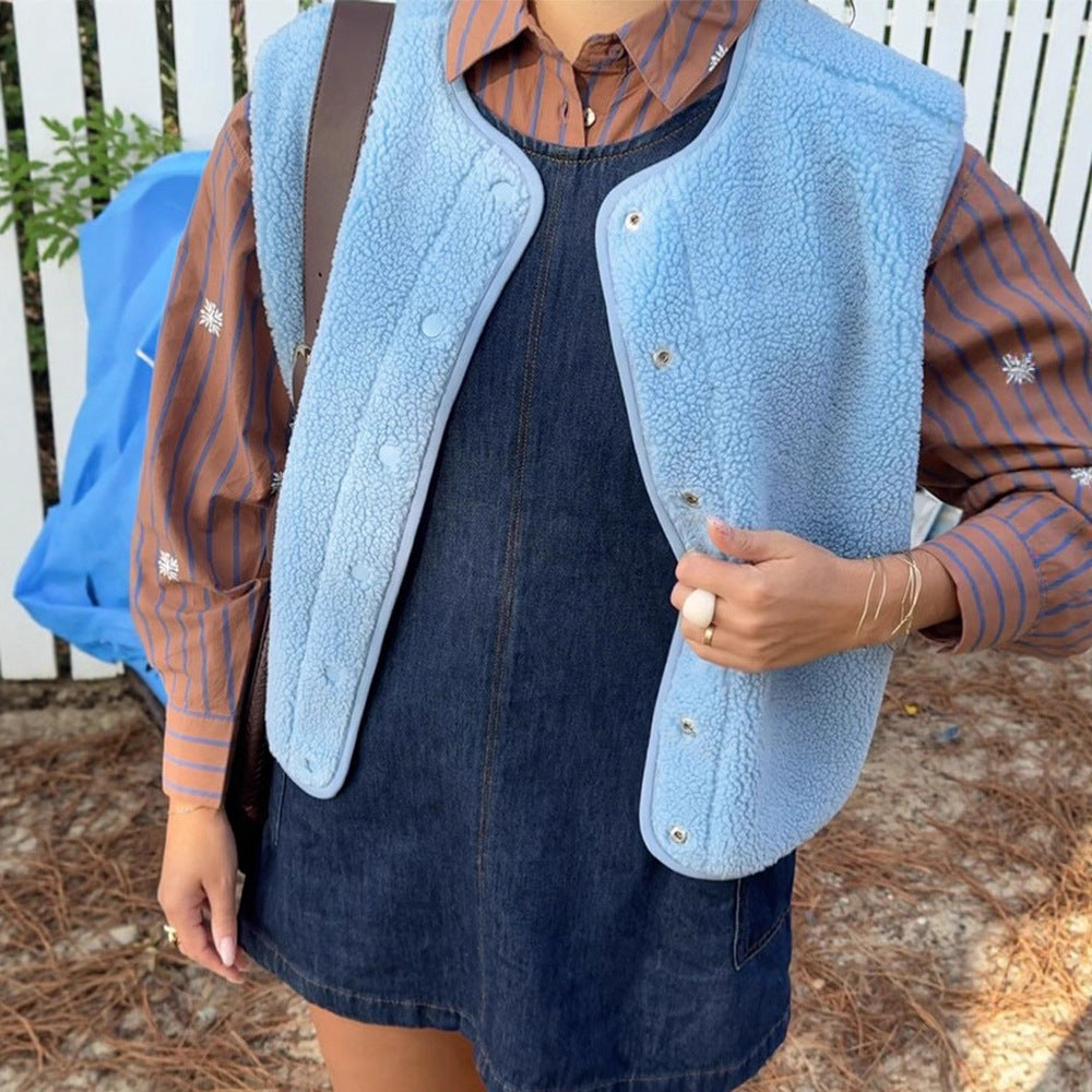 Damen Gefütterte Teddy‑Fleece‑Weste mit Druckknöpfen und abgerundetem Saum Drune