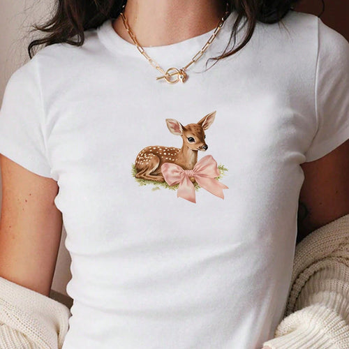 Damen Crop-T-Shirt mit bezauberndem Reh-Motiv und zartem Schleifendetail Drune