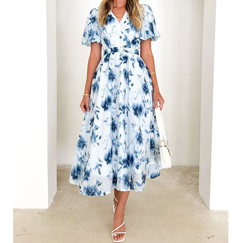 Damen Midikleid mit tailliertem Schnitt, voluminösen Ärmeln und elegantem Wellenmuster Drune