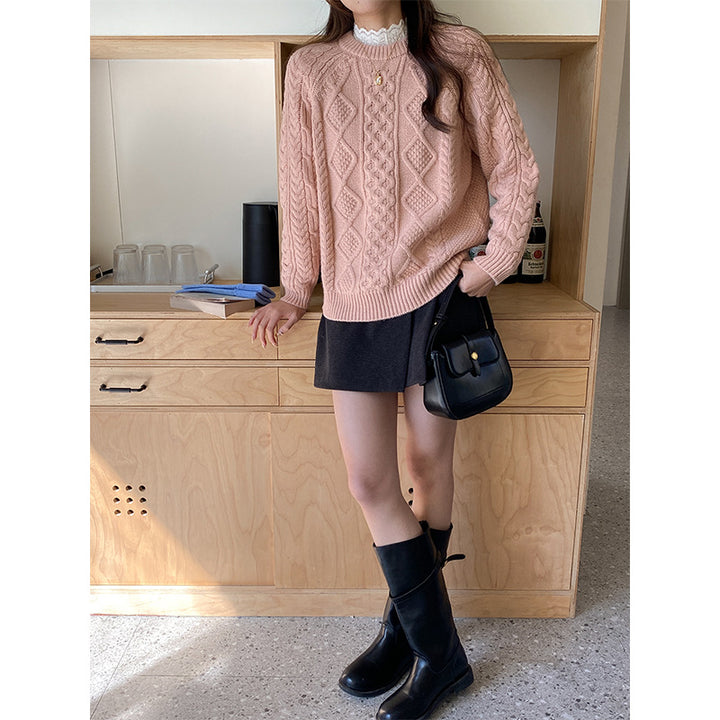 Damen lässiger Grobstrickpullover mit Zopfmuster Drune