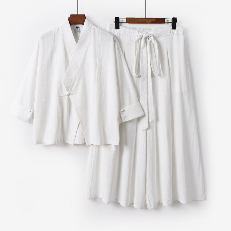 Damen Leichtes Kimono-Loungewear-Set mit V-Ausschnitt dreiviertelärmeln und weiten Palazzo-Hosen Drune