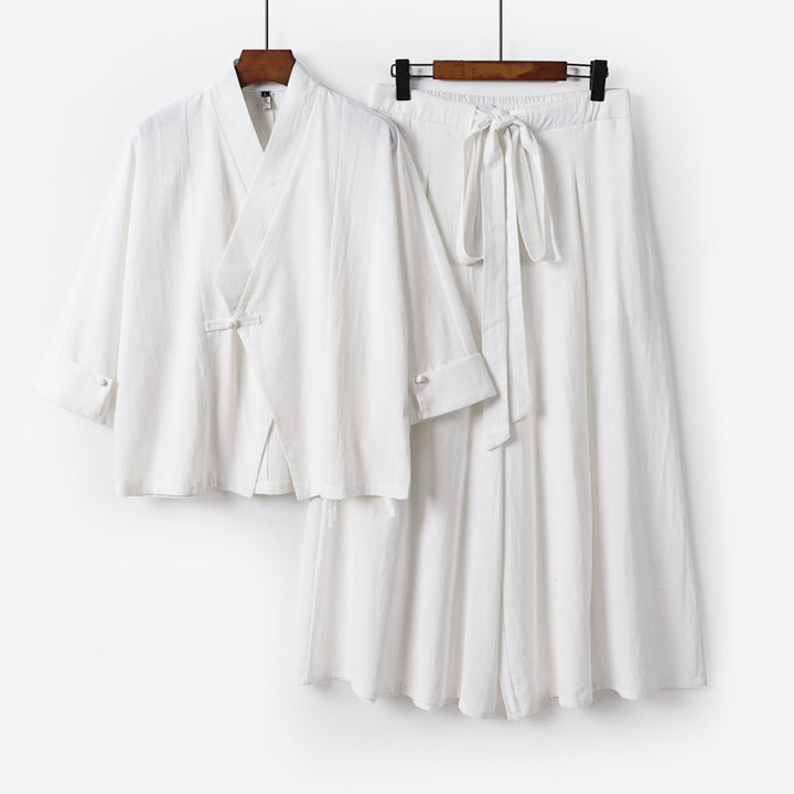 Damen Leichtes Kimono-Loungewear-Set mit V-Ausschnitt dreiviertelärmeln und weiten Palazzo-Hosen Drune