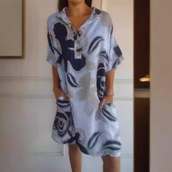 Damen luftiges Strandkleid mit modischem Muster und seitlichen Taschen Drune