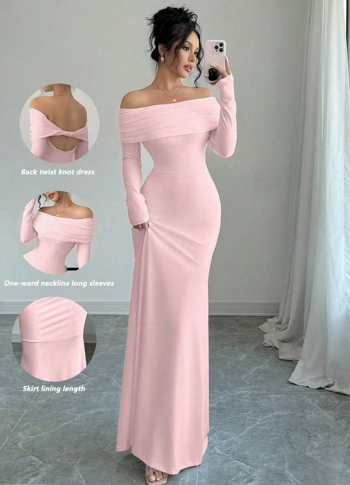 Damen Elegantes Off-Shoulder-Maxikleid mit figurbetontem Schnitt und langen Ärmeln Drune