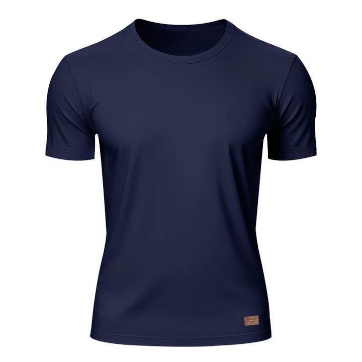 Herren nan schlankes Rundhals-T-Shirt aus glattem Stretchjersey mit dezenter Leder-Logoapplikation Drune