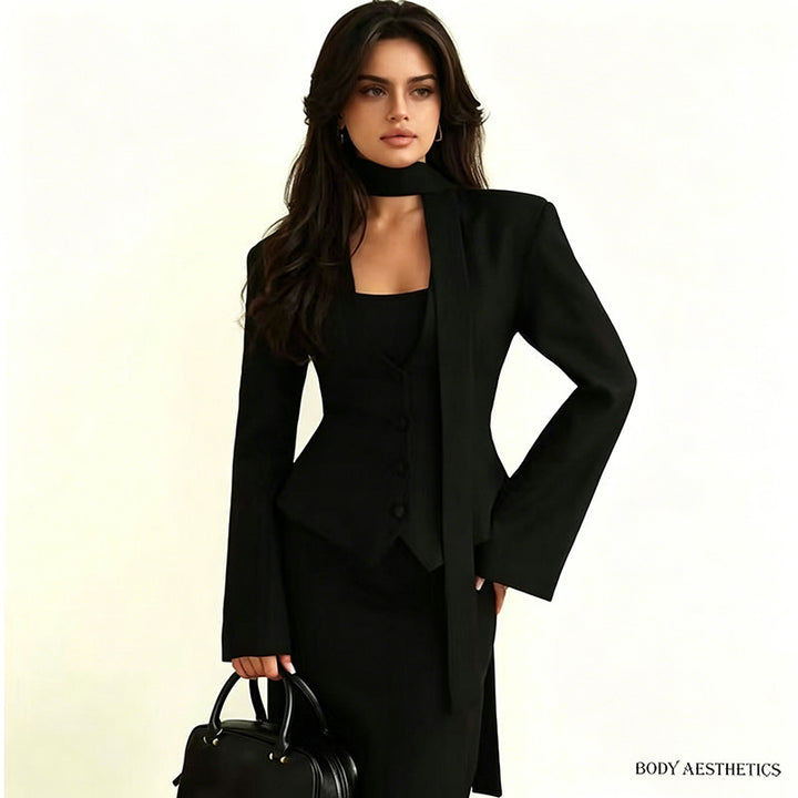 Damen Elegantes tailliertes Blazer-Set mit Weste und Schluppe Drune