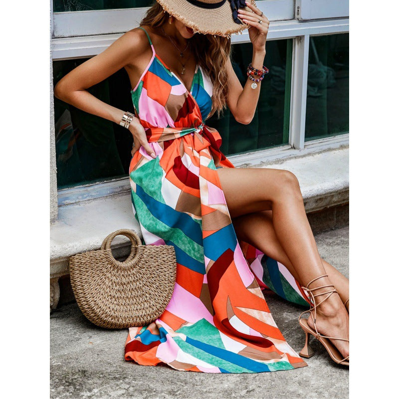 Damen Maxikleid mit modernem geometrischen Muster und schickem Taillengürtel Drune