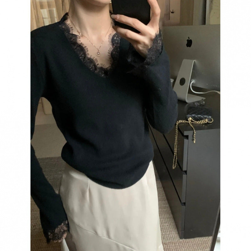 Damen Strickpullover mit feinem Spitzenbesatz und V-Ausschnitt Drune