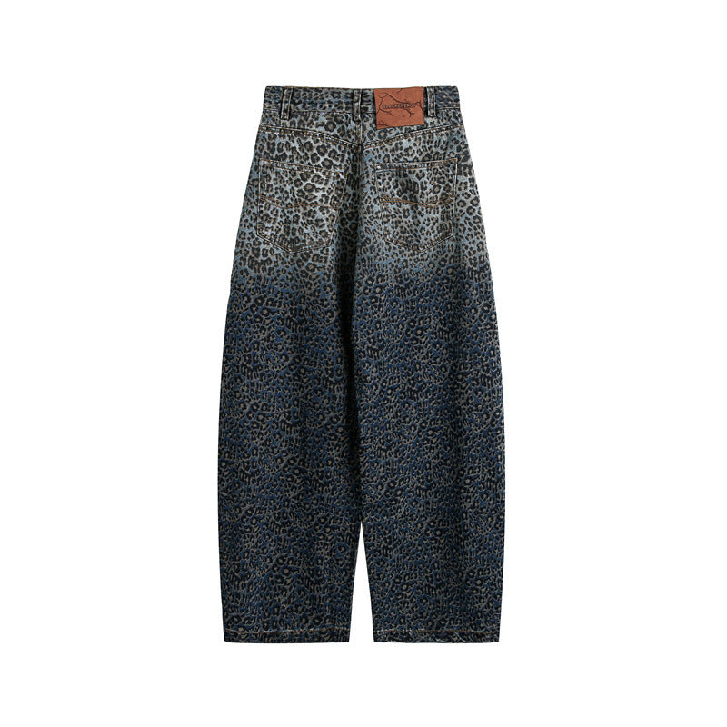 Damen Kurzgeschnittene Weite Jeans mit hoher Taille und Leopardenmuster Drune