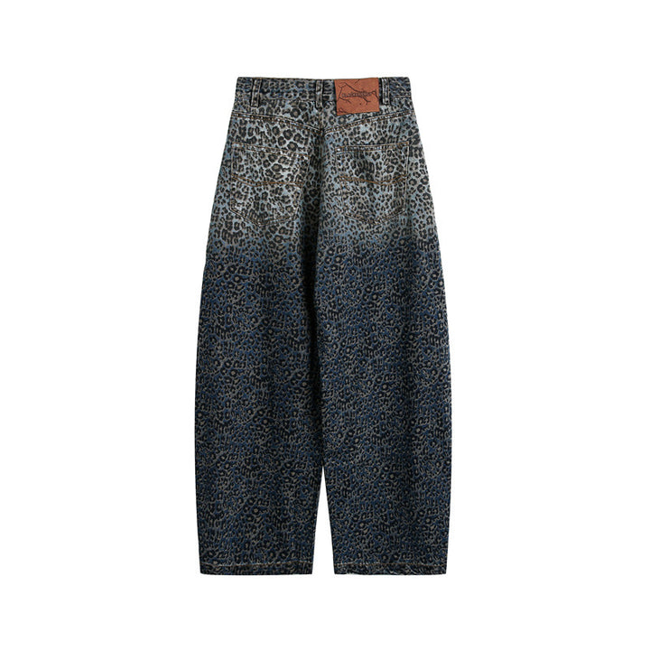 Damen Kurzgeschnittene Weite Jeans mit hoher Taille und Leopardenmuster Drune