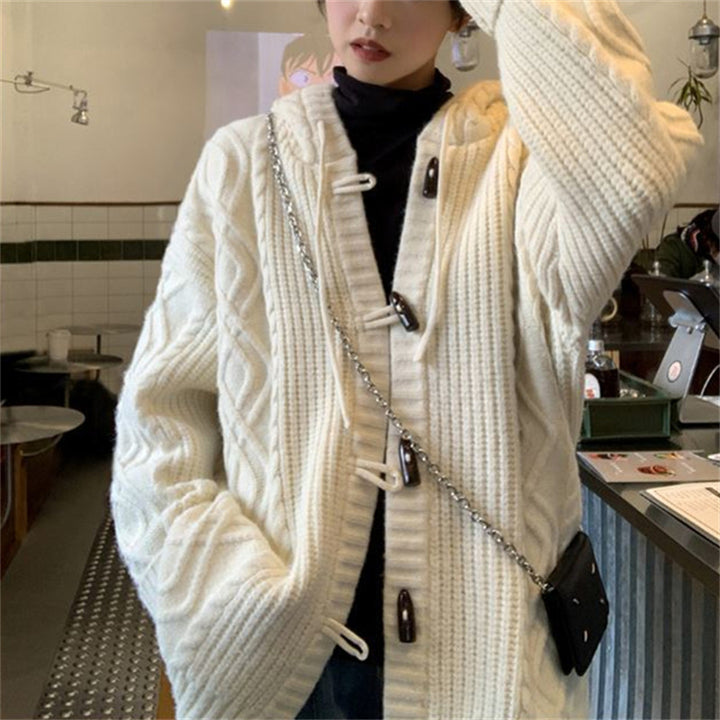 Damen kuschelige Strickjacke mit Kapuze und Zopfmuster Drune
