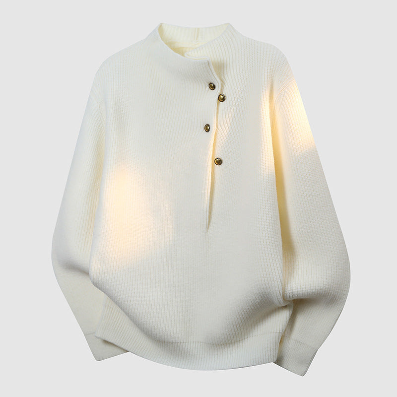 Damen Oversized Feinstrick-Pullover mit asymmetrischer Knopfleiste und Stehkragen Drune