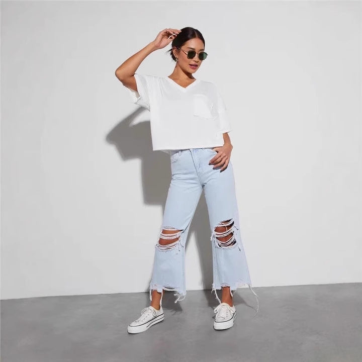 Damen nan cropped-weitjeans mit hoher Taille, ausgefranstem Saum und starkem Knee-Ripping Drune