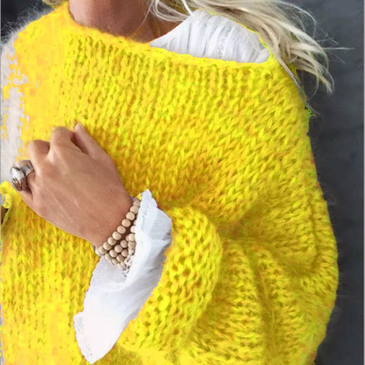 Damen Kurzgeschnitteter flauschiger Grobstrickpullover mit überschnittener Schulter Drune