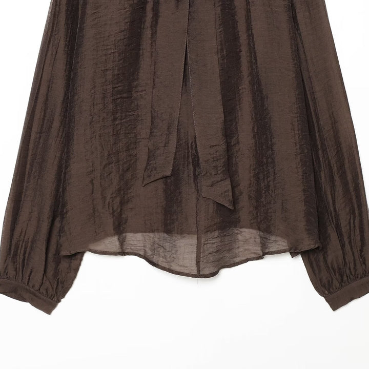 Damen Transparente Chiffonbluse mit Schleifenkragen, Volumenärmeln und Blumenbrosche Drune