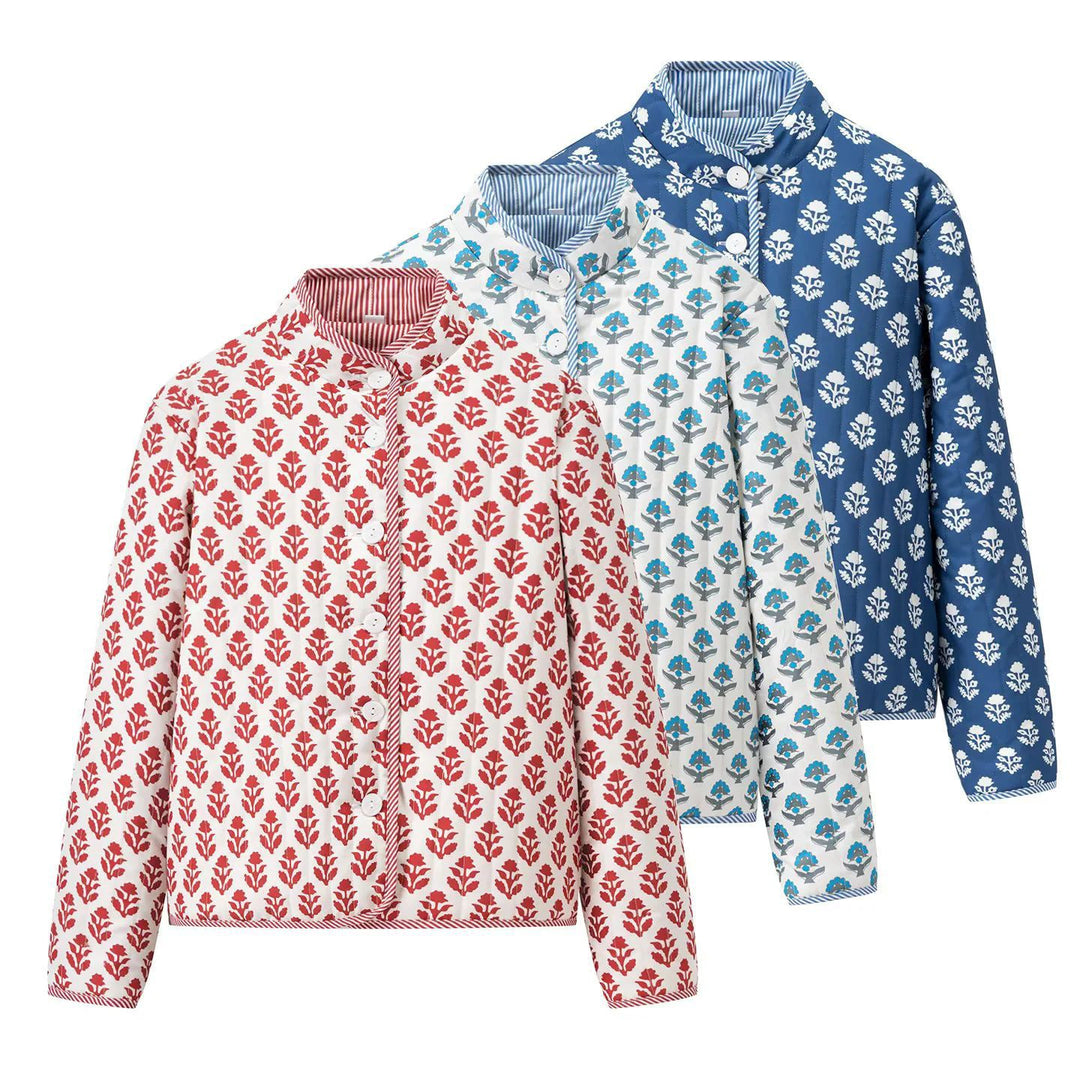 Damen nan leichte gesteppte Blusenjacke mit Stehkragen, Zierpaspel und floraler Allover‑Steppung Drune