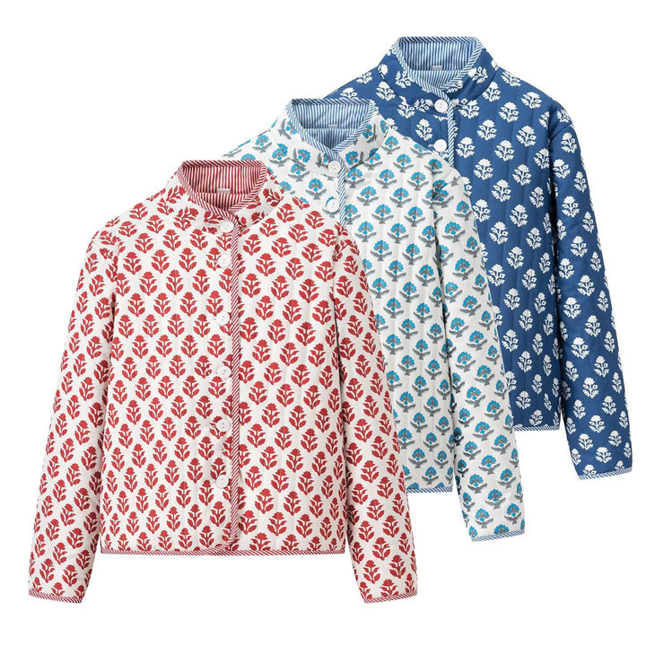Damen nan leichte gesteppte Blusenjacke mit Stehkragen, Zierpaspel und floraler Allover‑Steppung Drune