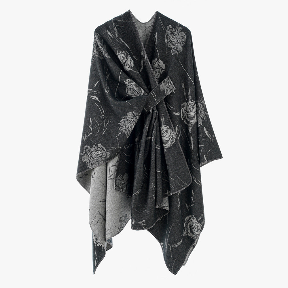 Damen Wendbarer Capeponcho mit Rosen-Jacquard und Bindegürtel Drune