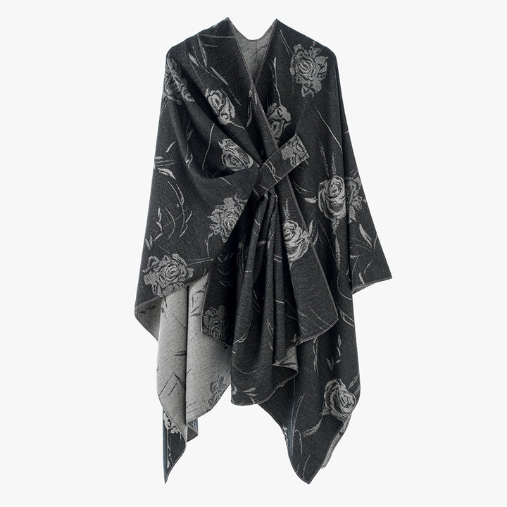 Damen Wendbarer Capeponcho mit Rosen-Jacquard und Bindegürtel Drune