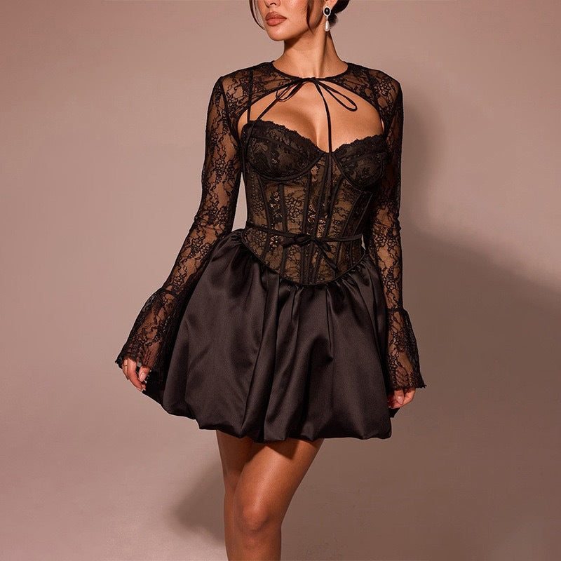 Damen Glamouröses Spitzenkleid mit Rüschenrock und eleganten Details Drune