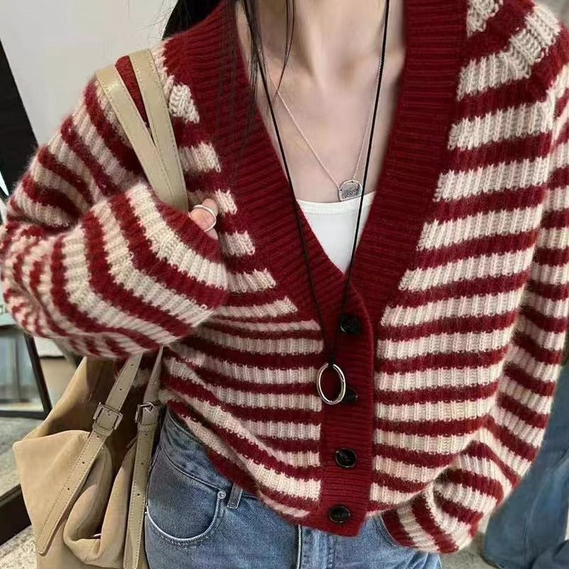 Damen gestreifter Strickcardigan Drune