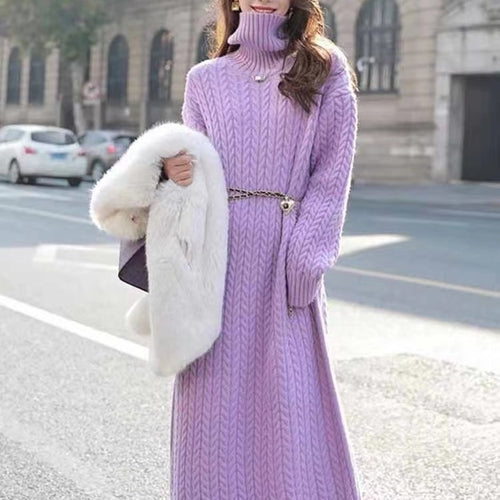 Damen Langes Strickkleid mit Zopfmuster und hohem Kragen Drune