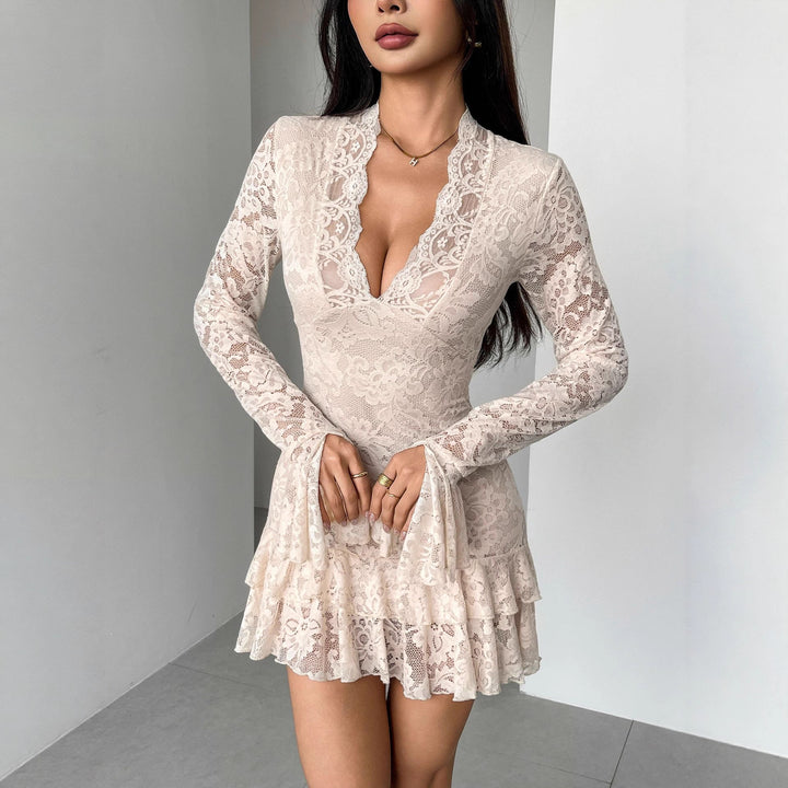 Damen nan tailliertes Spitzen-Minikleid mit tiefem V-Ausschnitt, Trompetenärmeln und Stufenvolant Drune