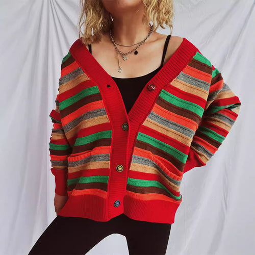 Damen lässige Strickjacke mit buntem Streifenmuster und lockerer Passform Drune