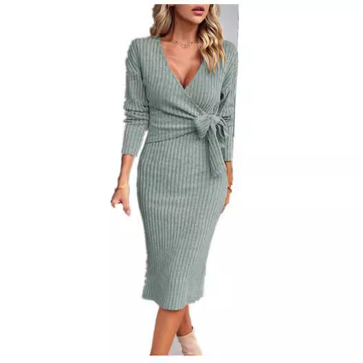 Damen Rippstrick-Wickelmidikleid mit Taillenschleife Drune