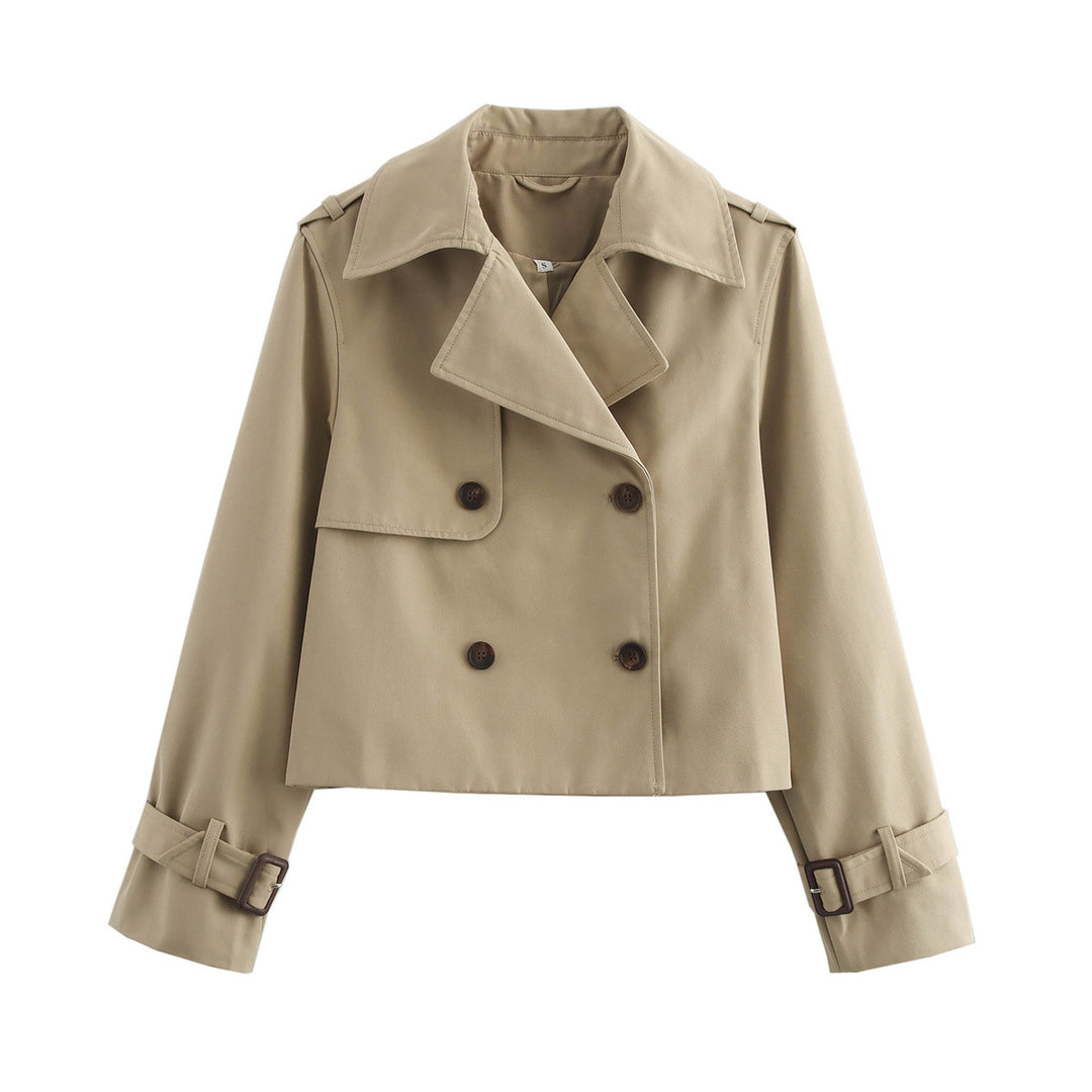 Damen nan cropped Trenchjacke mit Doppelreiher, Epauletten und verstellbaren Schnallenmanschetten Drune