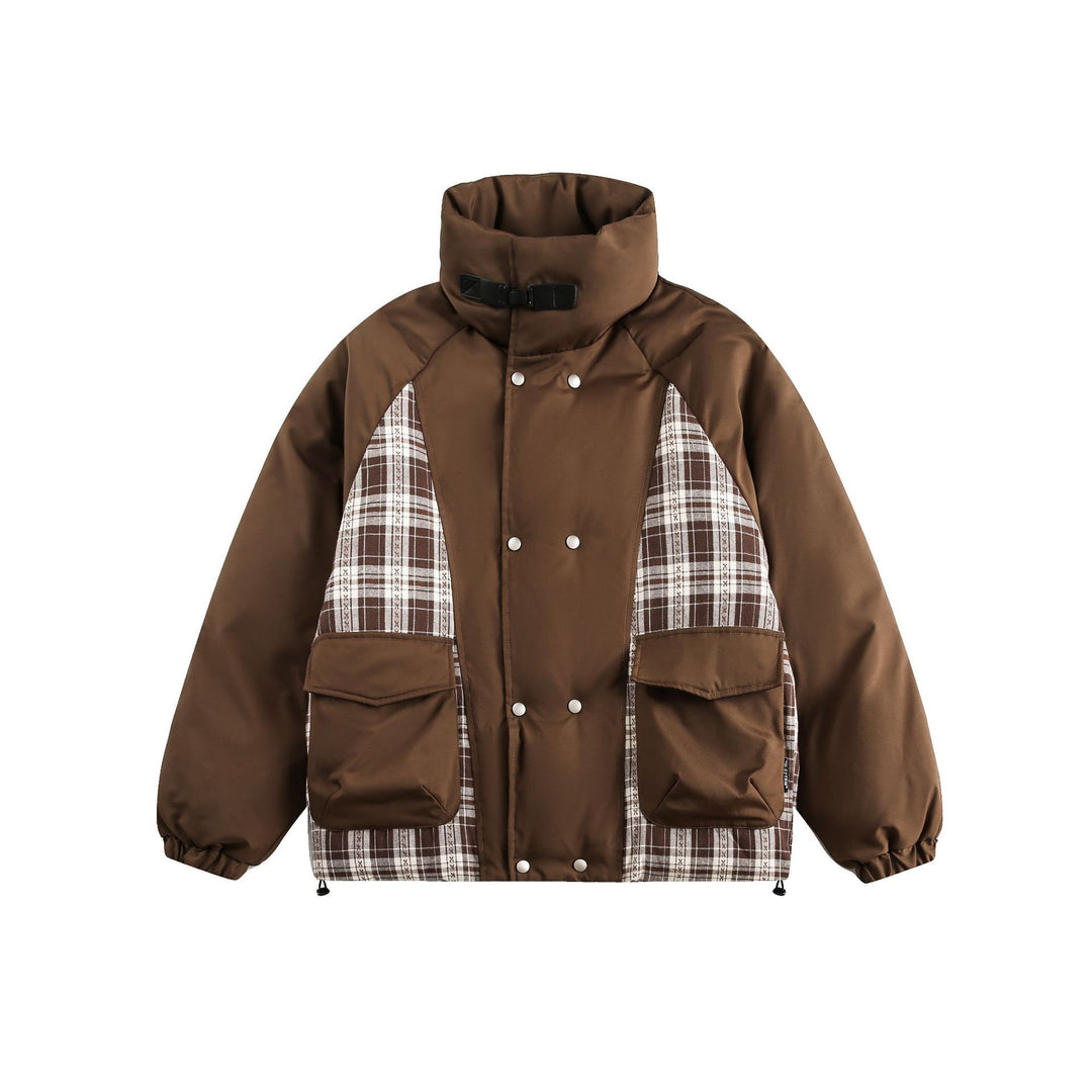 Unisex Oversize Stehkragen‑Pufferjacke mit karierter Einsatz‑Panel und Utility‑Taschen Drune