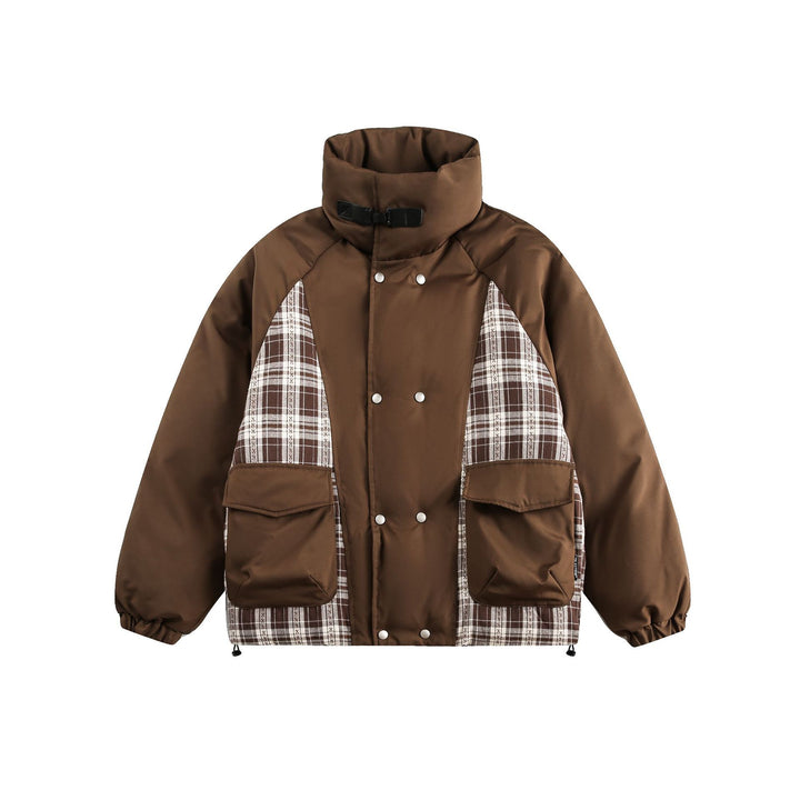 Unisex Oversize Stehkragen‑Pufferjacke mit karierter Einsatz‑Panel und Utility‑Taschen Drune